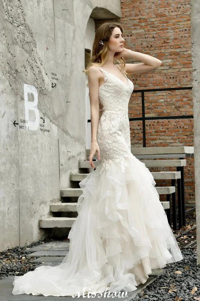 Elegant V-Neck Mermaid Bridal Gown Tulle Lace Appliques Puffy Wedding Dress - Image 6