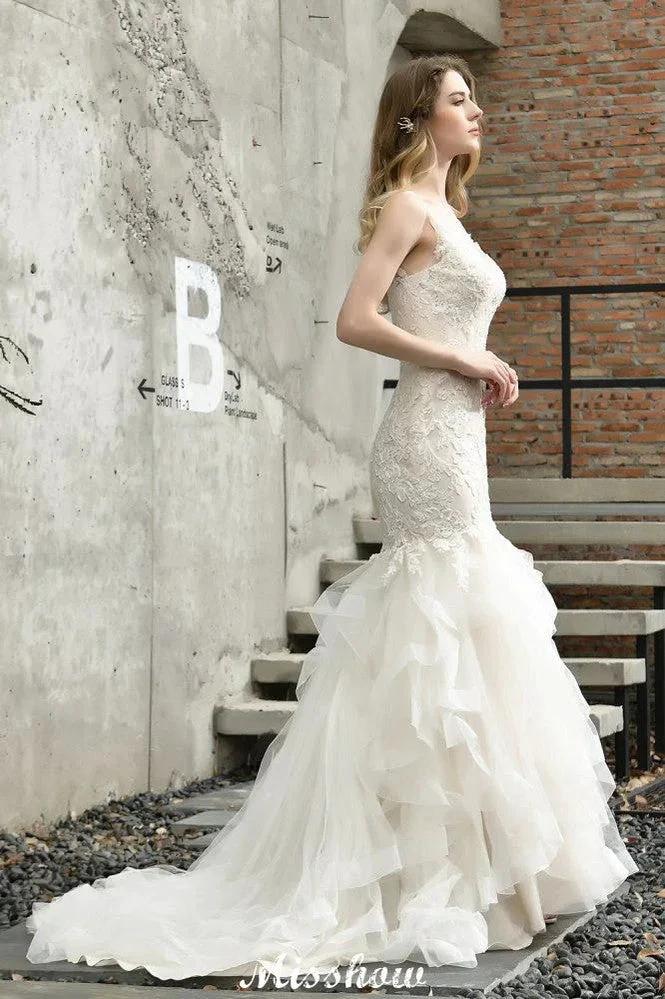 Elegant V-Neck Mermaid Bridal Gown Tulle Lace Appliques Puffy Wedding Dress - Image 7