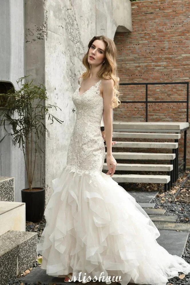 Elegant V-Neck Mermaid Bridal Gown Tulle Lace Appliques Puffy Wedding Dress - Image 8