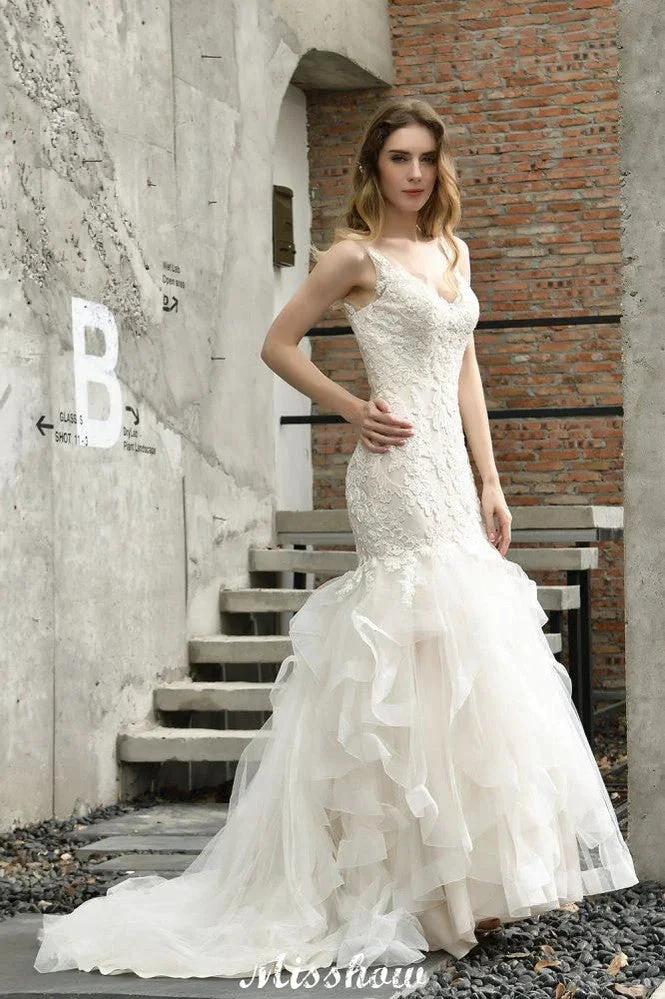 Elegant V-Neck Mermaid Bridal Gown Tulle Lace Appliques Puffy Wedding Dress - Image 9
