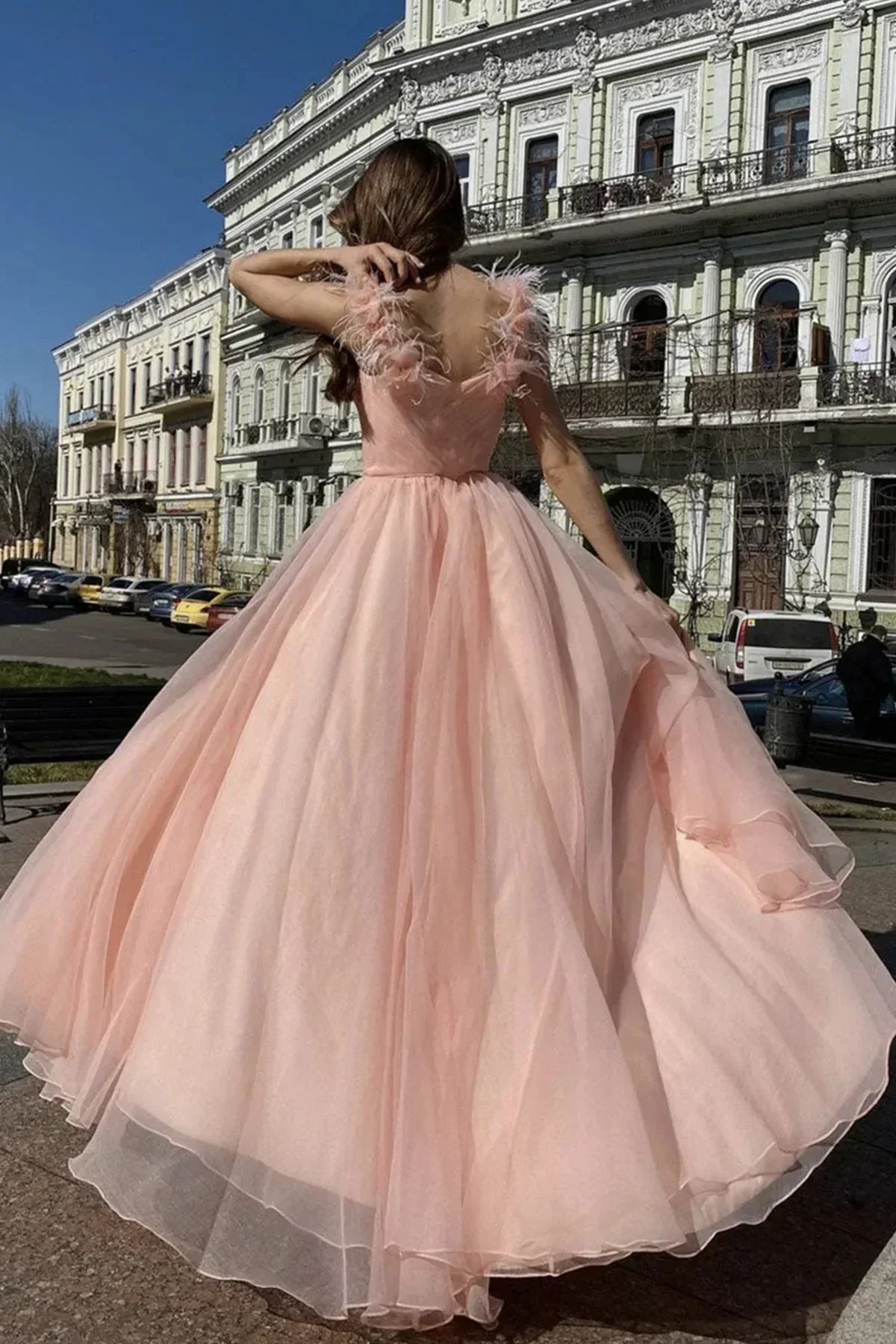Elegant V Neck Pink Tulle Long Prom Dresses with High Slit, Pink Tulle Formal Graduation Evening Dresses Y1296 - Image 2