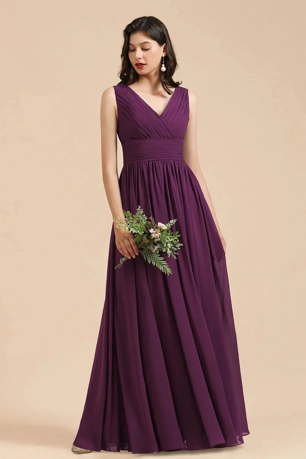 Elegant V-Neck Ruffle A-line Chiffon Lace Bridesmaid Dresses - Image 2