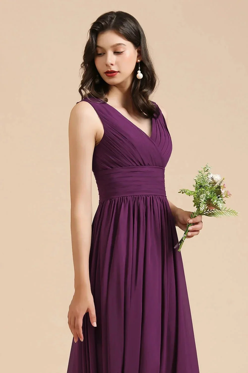 Elegant V-Neck Ruffle A-line Chiffon Lace Bridesmaid Dresses - Image 3
