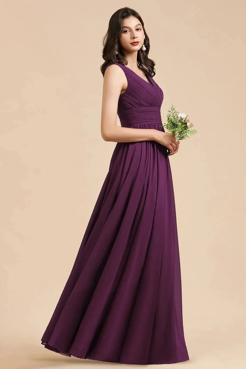 Elegant V-Neck Ruffle A-line Chiffon Lace Bridesmaid Dresses - Image 4