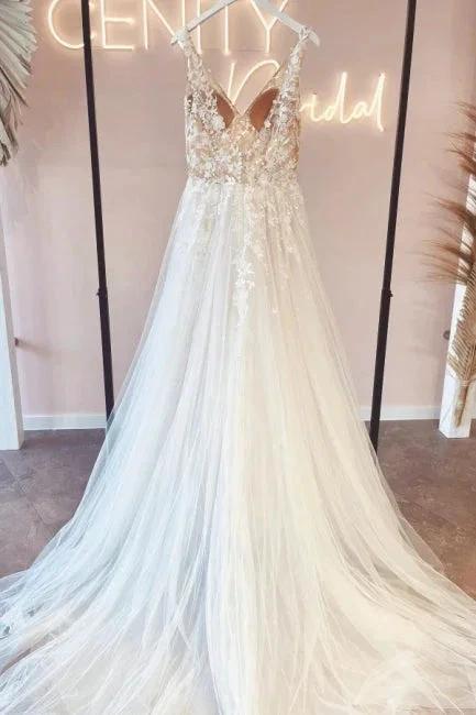 Elegant v-neck sleeveless a-line backless lace Wedding dresses - Image 2