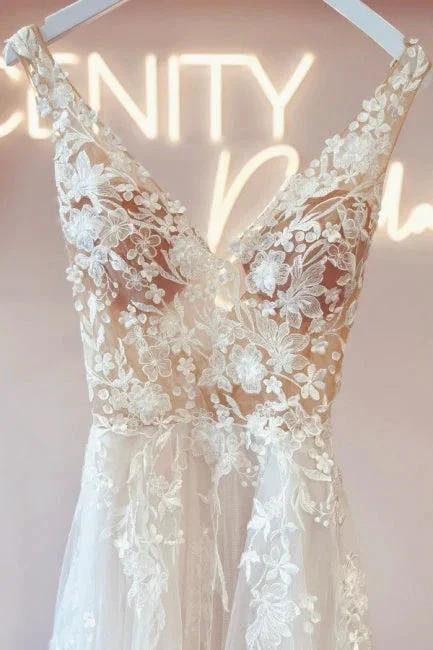 Elegant v-neck sleeveless a-line backless lace Wedding dresses - Image 3