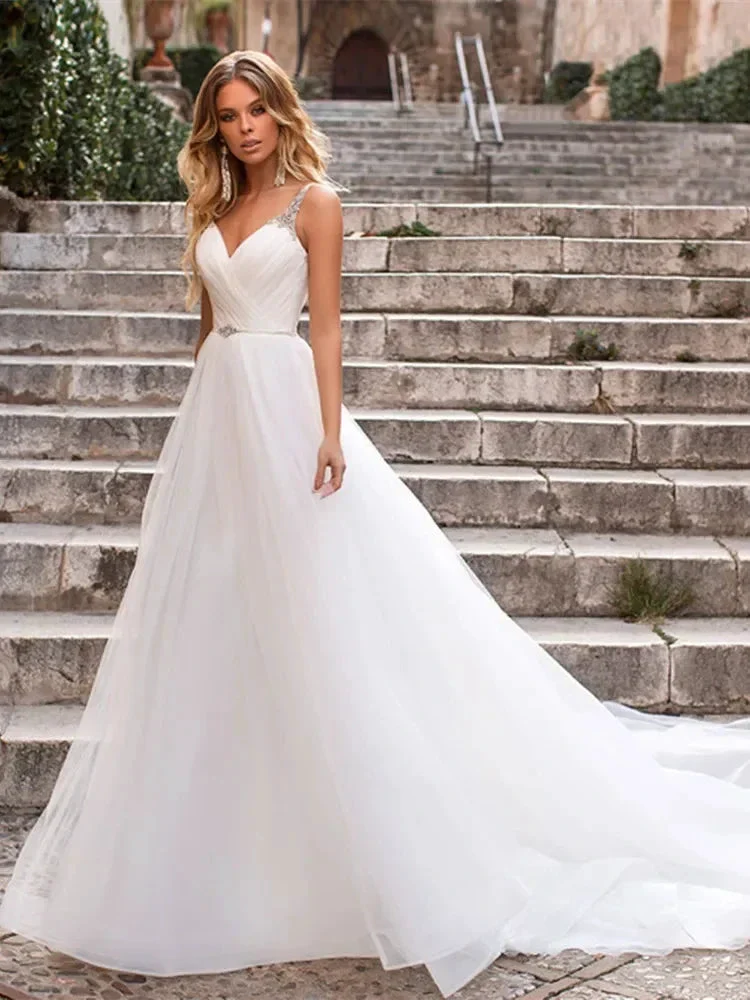 Elegant V Neck Spaghetti Strap Wedding Dresses 2022 New Arrival Beading Sleeveless Backless Bridal Gowns Sweep Train For Women - Image 3