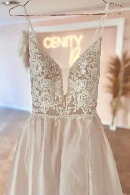 Elegant v-neck spaghetti straps sleeveless a-line lace Wedding dresses - Image 3
