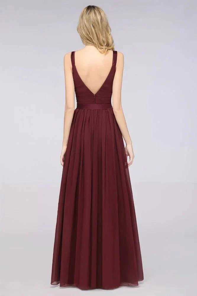 Elegant V-Neck Strap Backless Ruffles Chiffon Floor-Length Bridesmaid Dress - Image 2