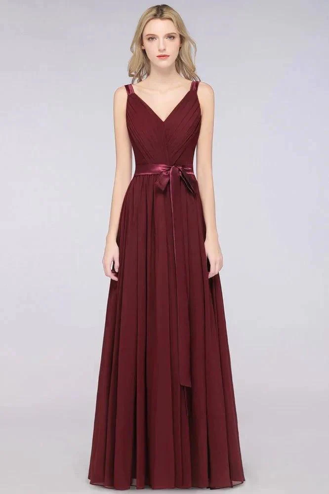 Elegant V-Neck Strap Backless Ruffles Chiffon Floor-Length Bridesmaid Dress - Image 3