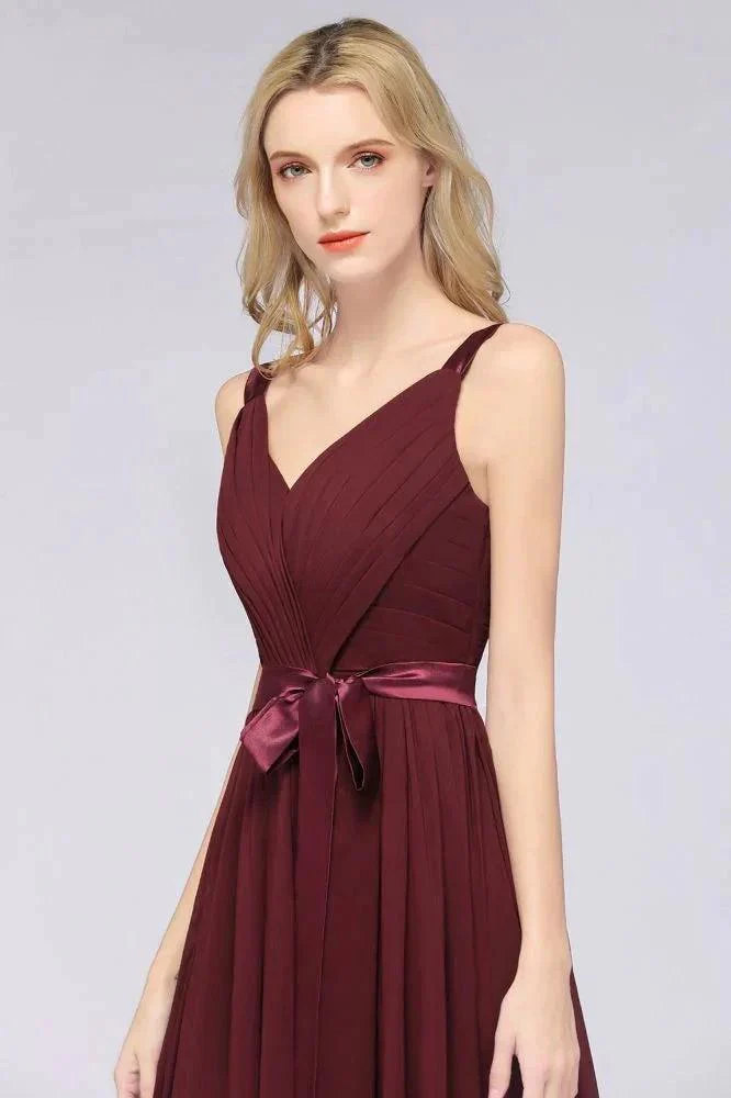 Elegant V-Neck Strap Backless Ruffles Chiffon Floor-Length Bridesmaid Dress - Image 4