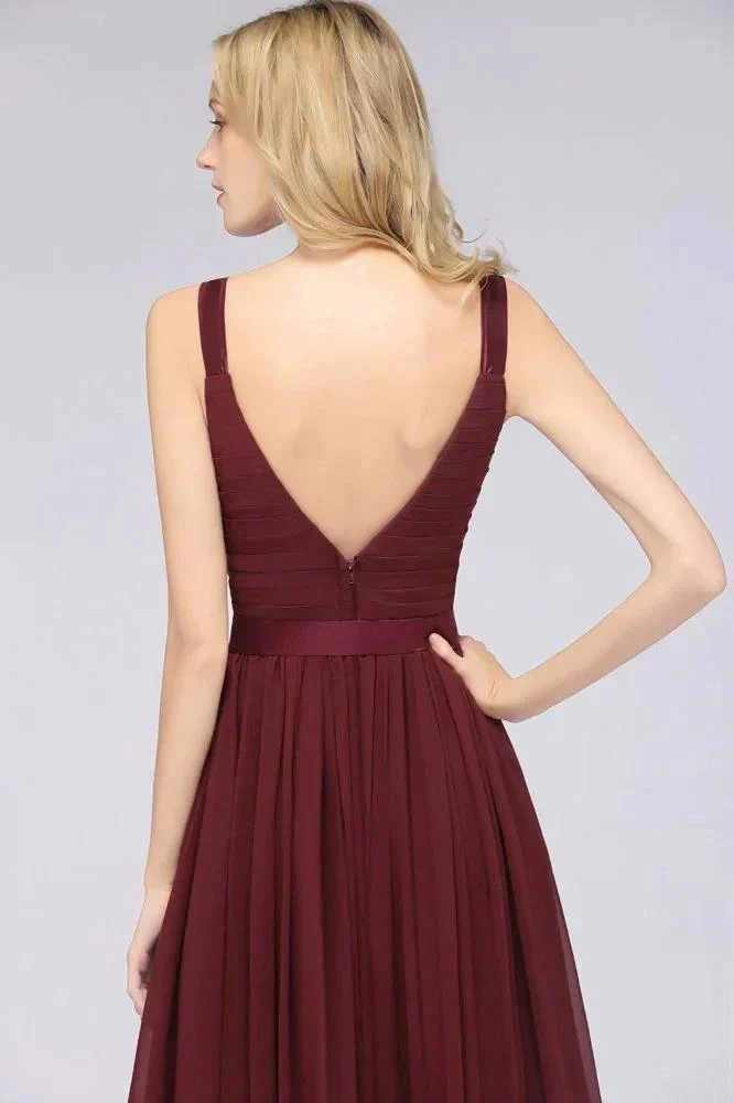 Elegant V-Neck Strap Backless Ruffles Chiffon Floor-Length Bridesmaid Dress - Image 5