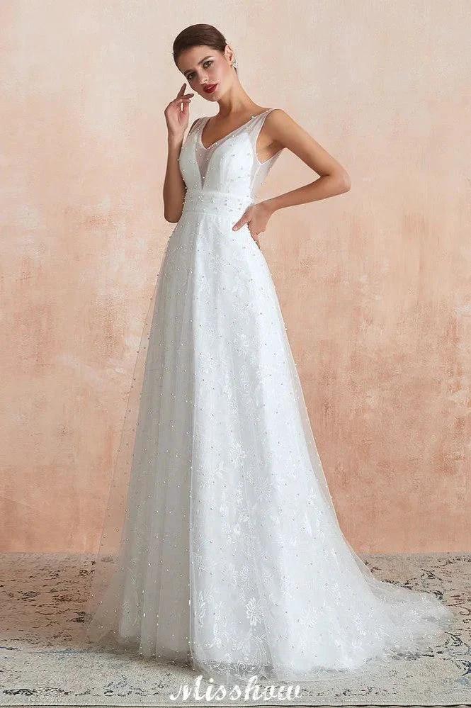 Elegant V-Neck Tulle Pearls Wedding Dress Beach Bridal Gown - Image 10