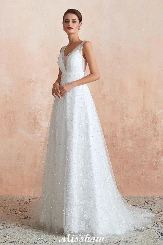 Elegant V-Neck Tulle Pearls Wedding Dress Beach Bridal Gown - Image 2