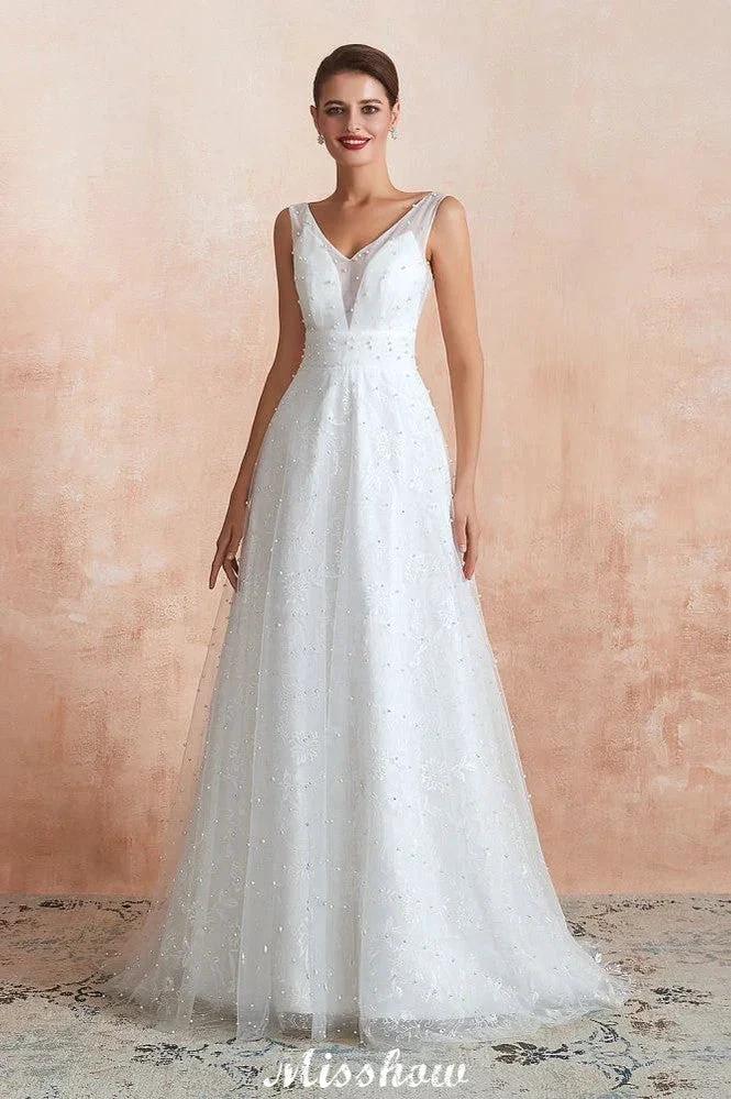 Elegant V-Neck Tulle Pearls Wedding Dress Beach Bridal Gown - Image 3