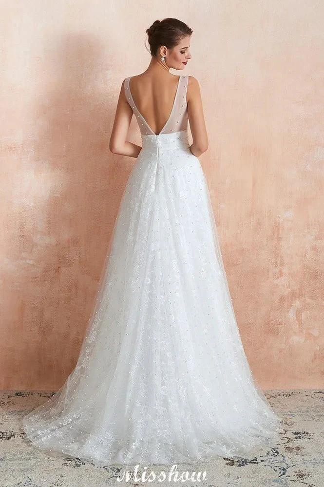Elegant V-Neck Tulle Pearls Wedding Dress Beach Bridal Gown - Image 4