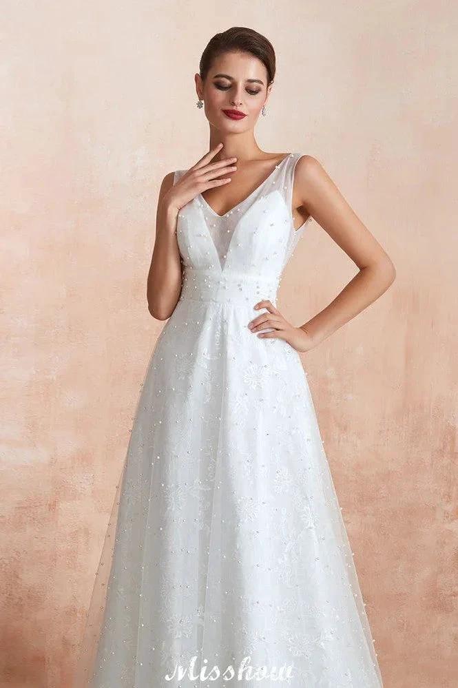 Elegant V-Neck Tulle Pearls Wedding Dress Beach Bridal Gown - Image 5