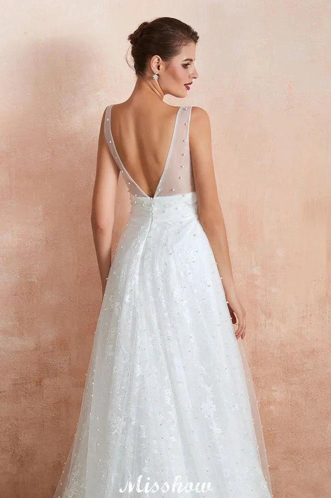 Elegant V-Neck Tulle Pearls Wedding Dress Beach Bridal Gown - Image 6