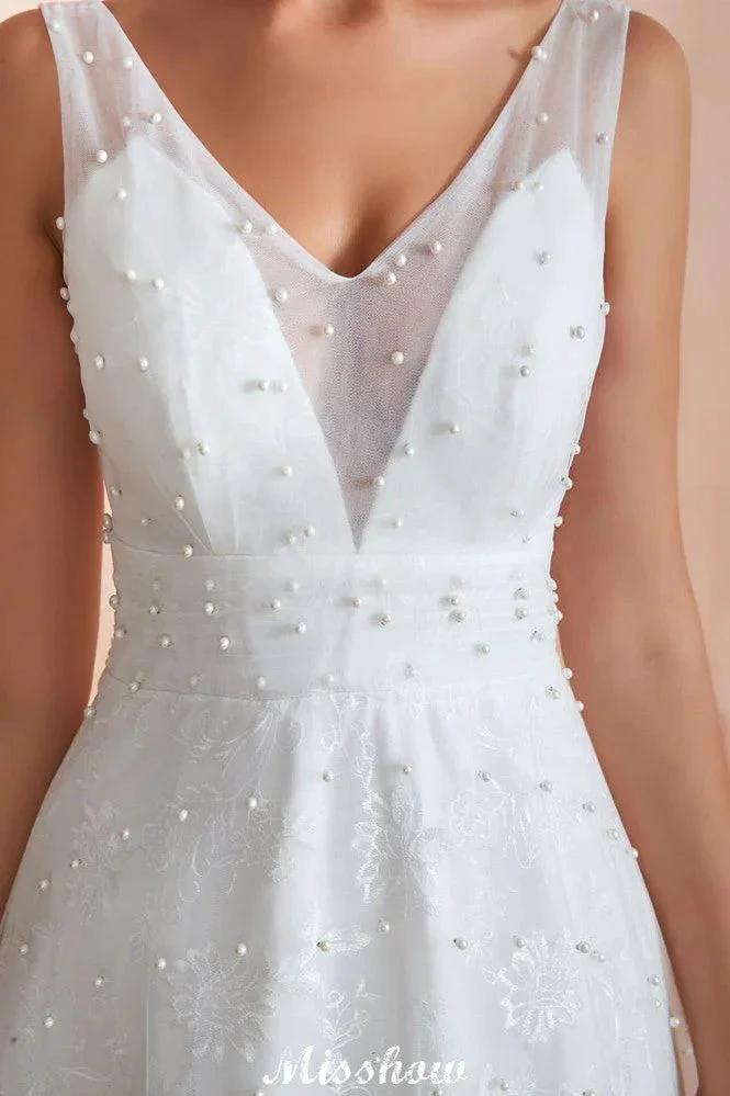 Elegant V-Neck Tulle Pearls Wedding Dress Beach Bridal Gown - Image 7