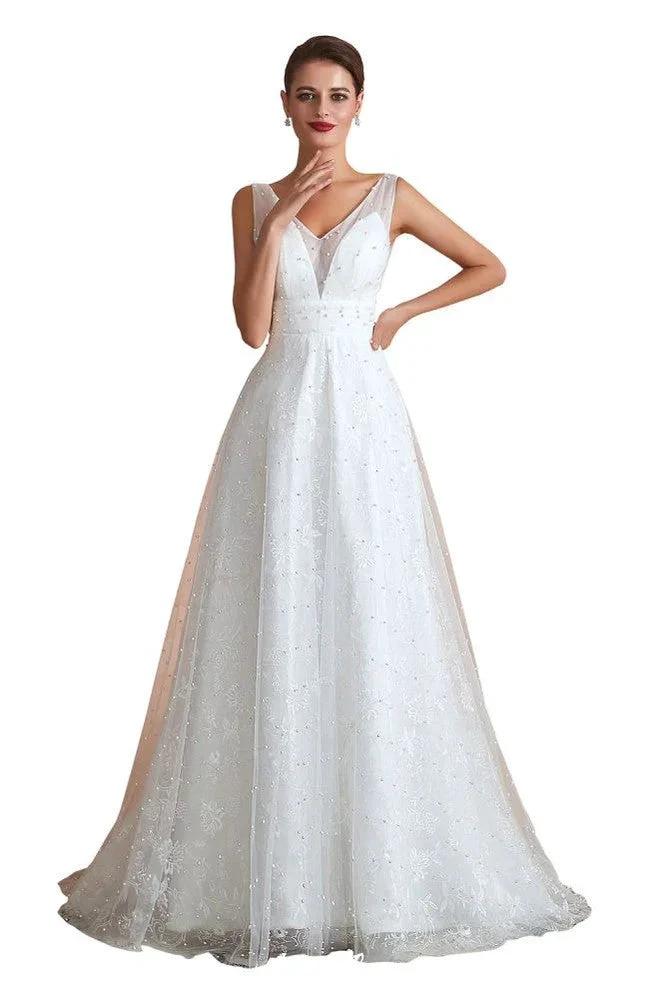 Elegant V-Neck Tulle Pearls Wedding Dress Beach Bridal Gown - Image 8