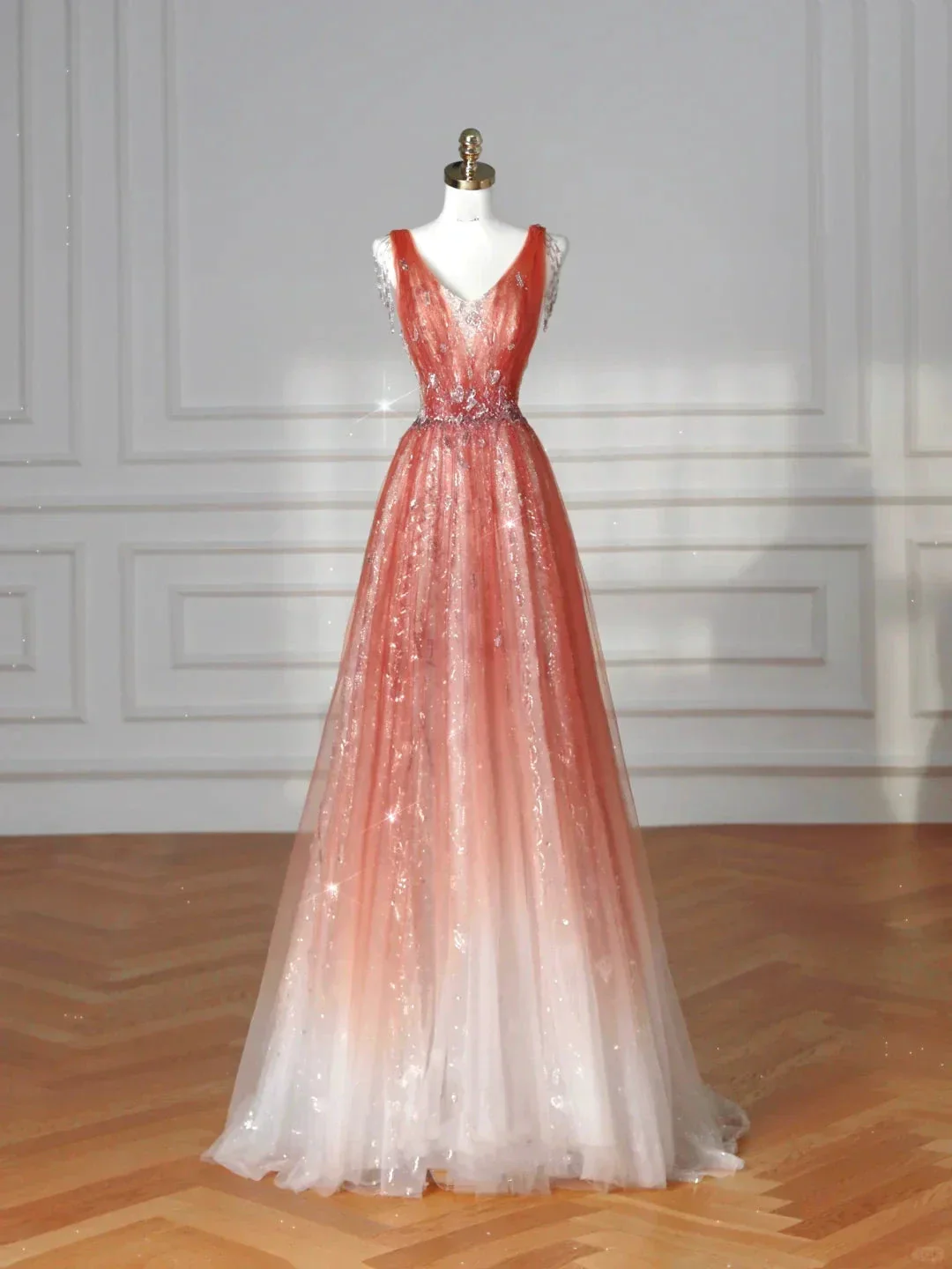 Elegant V Neck Tulle Sequins Prom Dress Strawberry Pink A Line Long Evening Dress Y8614 - Image 2
