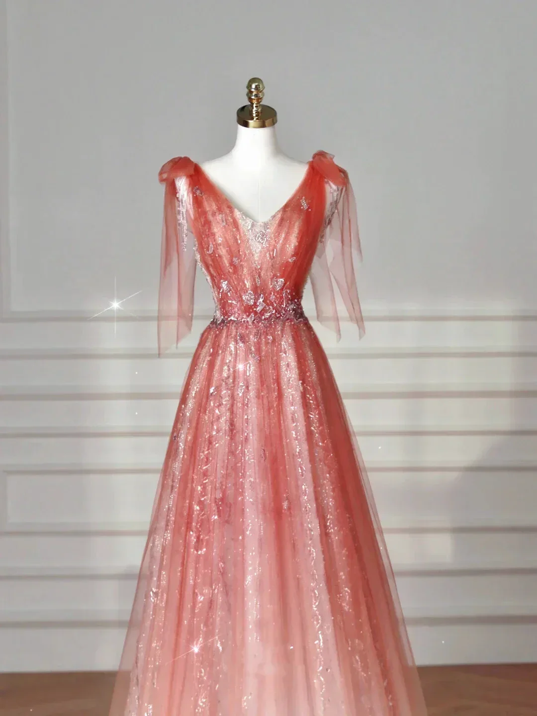 Elegant V Neck Tulle Sequins Prom Dress Strawberry Pink A Line Long Evening Dress Y8614 - Image 3