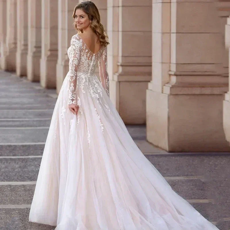 Elegant V-Neck Wedding Dresses Plus Size Lace Long Sleeve Women White Open Back Tulle Bridal Gown Sweep Train Vestidos De Novia - Image 2