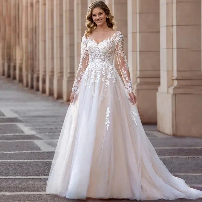 Elegant V-Neck Wedding Dresses Plus Size Lace Long Sleeve Women White Open Back Tulle Bridal Gown Sweep Train Vestidos De Novia - Image 3