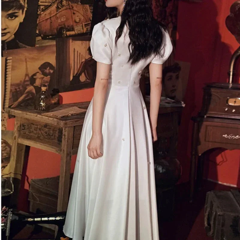 Elegant V-neck Wedding Party Dresses Belt Lace Up Slim Waist Pull Sleeve Evening Dress Simple Beading French Chic Robe - Image 2