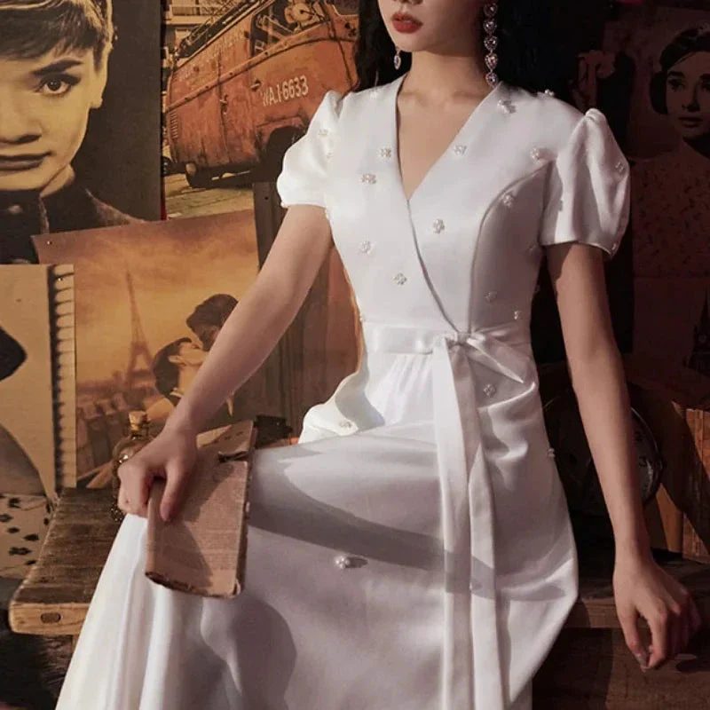 Elegant V-neck Wedding Party Dresses Belt Lace Up Slim Waist Pull Sleeve Evening Dress Simple Beading French Chic Robe - Image 3