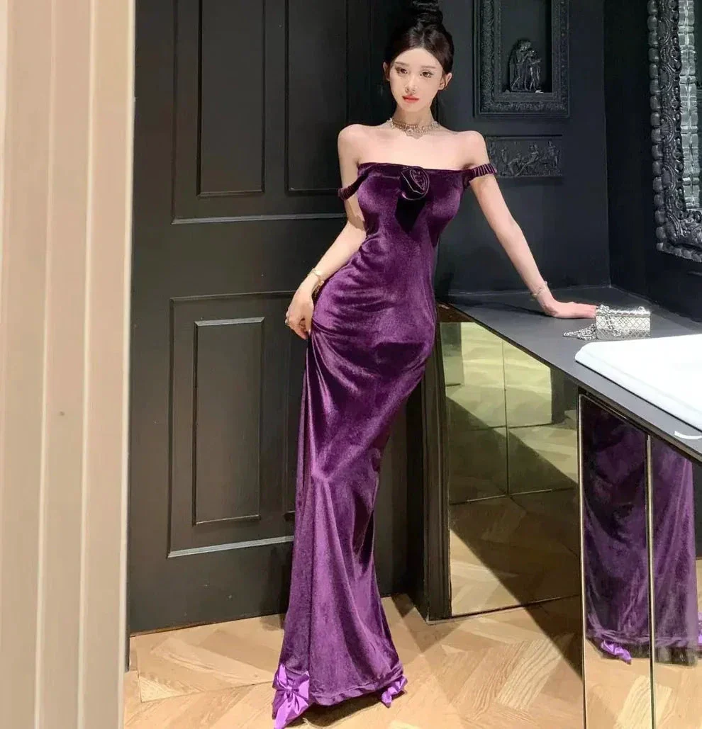 Elegant Velvet Long Sheath Prom Dress Purple Off Shoulder Slit Party Evening Gown Y8131 - Image 2