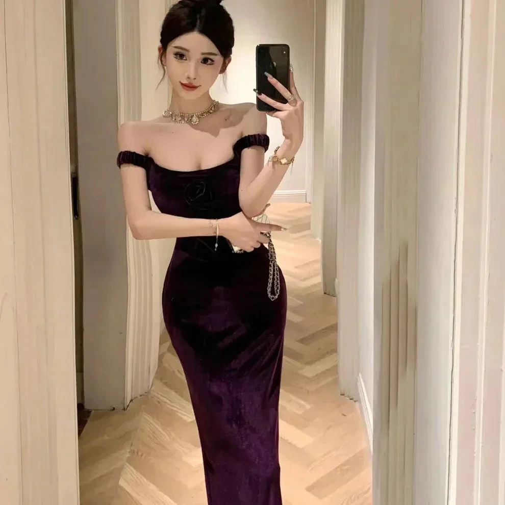 Elegant Velvet Long Sheath Prom Dress Purple Off Shoulder Slit Party Evening Gown Y8131 - Image 3