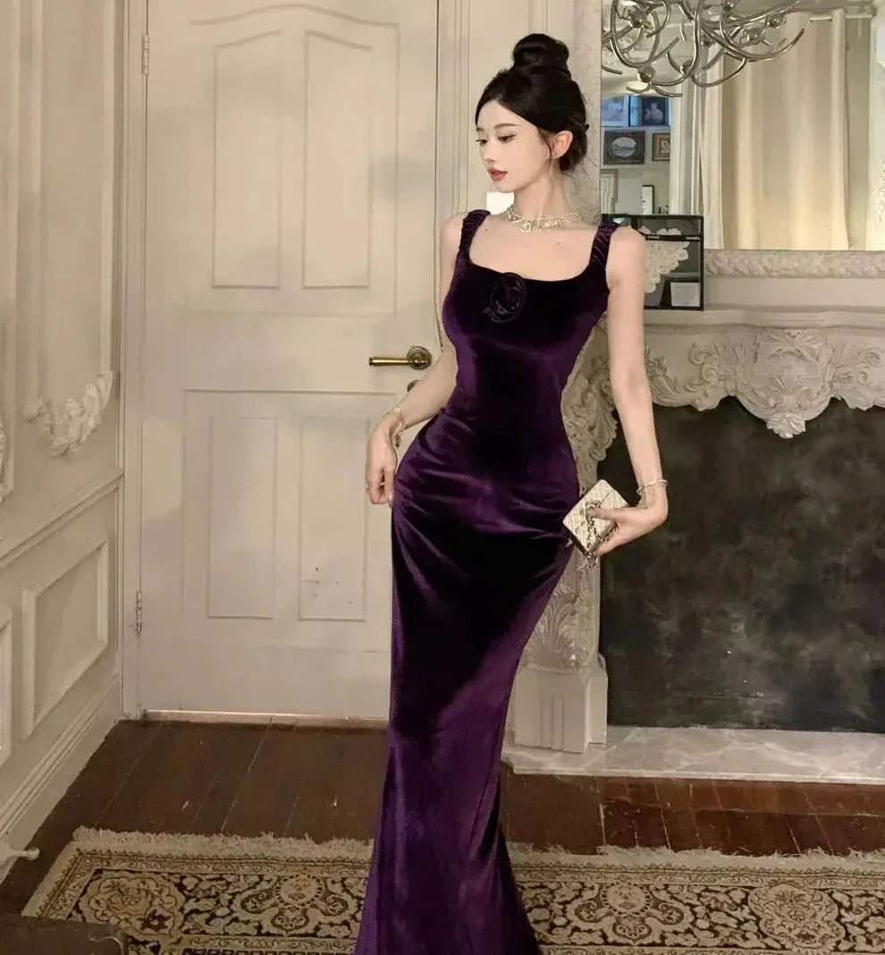 Elegant Velvet Long Sheath Prom Dress Purple Off Shoulder Slit Party Evening Gown Y8131 - Image 4