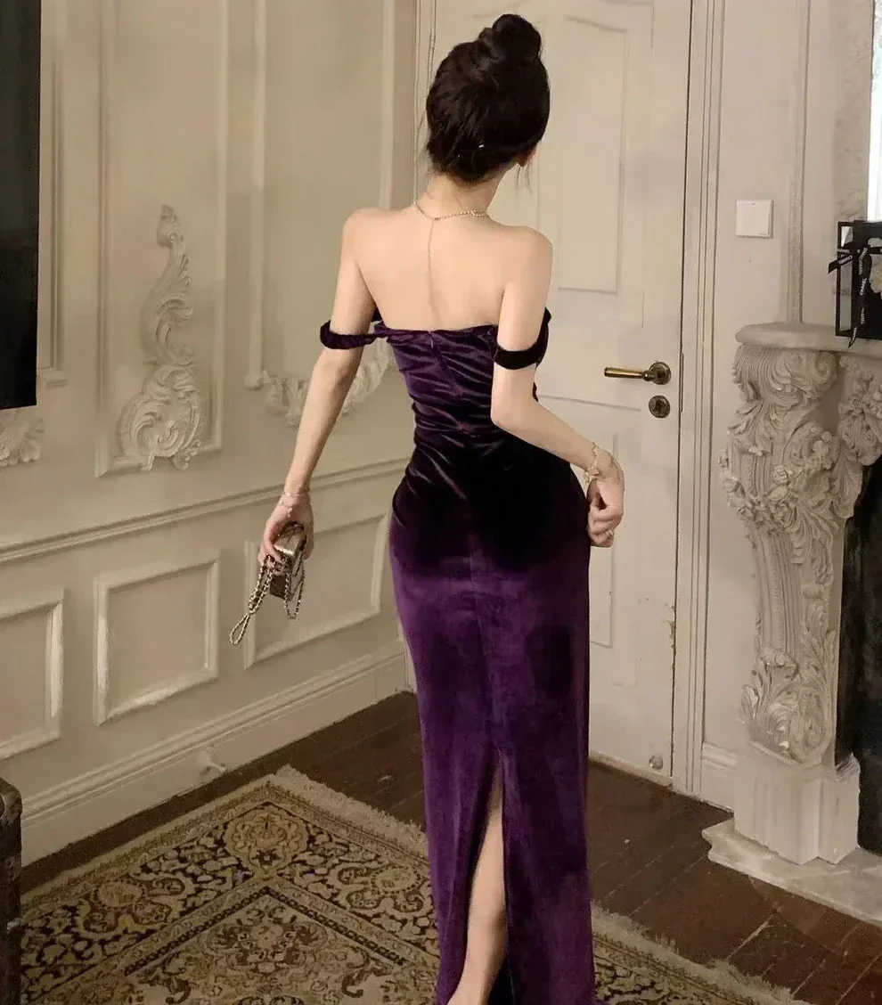Elegant Velvet Long Sheath Prom Dress Purple Off Shoulder Slit Party Evening Gown Y8131 - Image 5