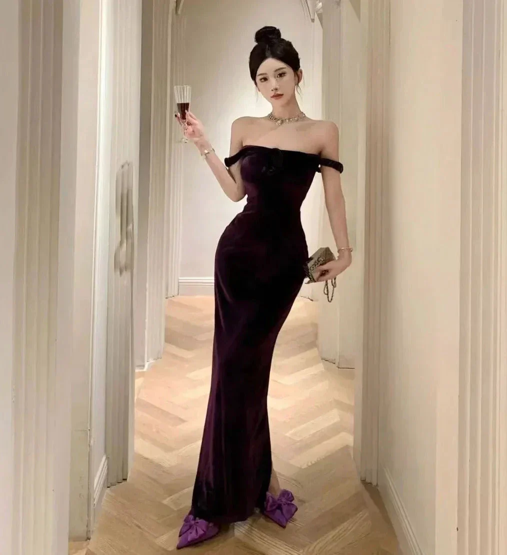 Elegant Velvet Long Sheath Prom Dress Purple Off Shoulder Slit Party Evening Gown Y8131 - Image 6