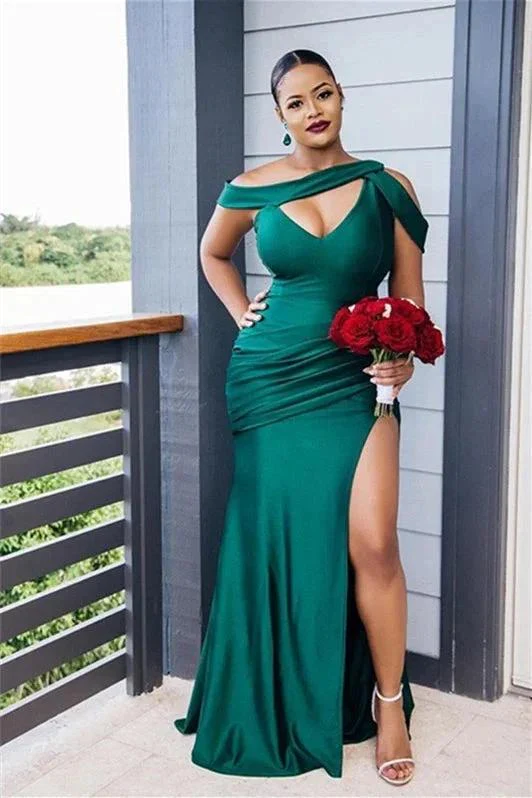 Elegant Vintage Off-the-Shoulder Elastic Woven Satin Ruched Sleeveless Bridesmaid Dresses - Image 2