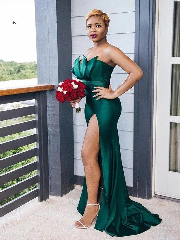Elegant Vintage Off-the-Shoulder Elastic Woven Satin Ruched Sleeveless Bridesmaid Dresses - Image 3