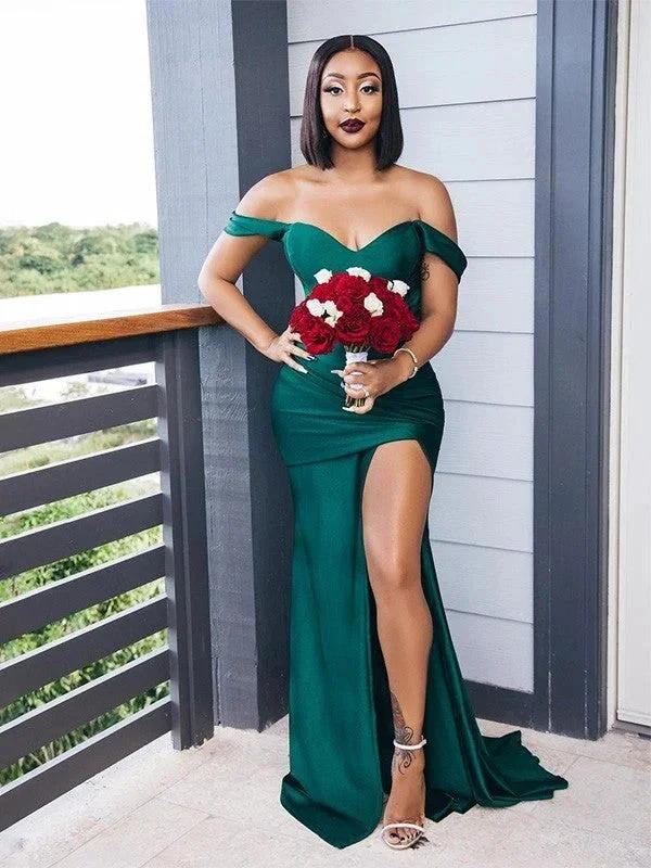 Elegant Vintage Off-the-Shoulder Elastic Woven Satin Ruched Sleeveless Bridesmaid Dresses - Image 5