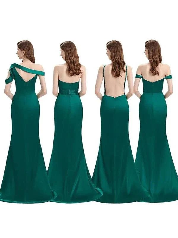 Elegant Vintage Off-the-Shoulder Elastic Woven Satin Ruched Sleeveless Bridesmaid Dresses - Image 7