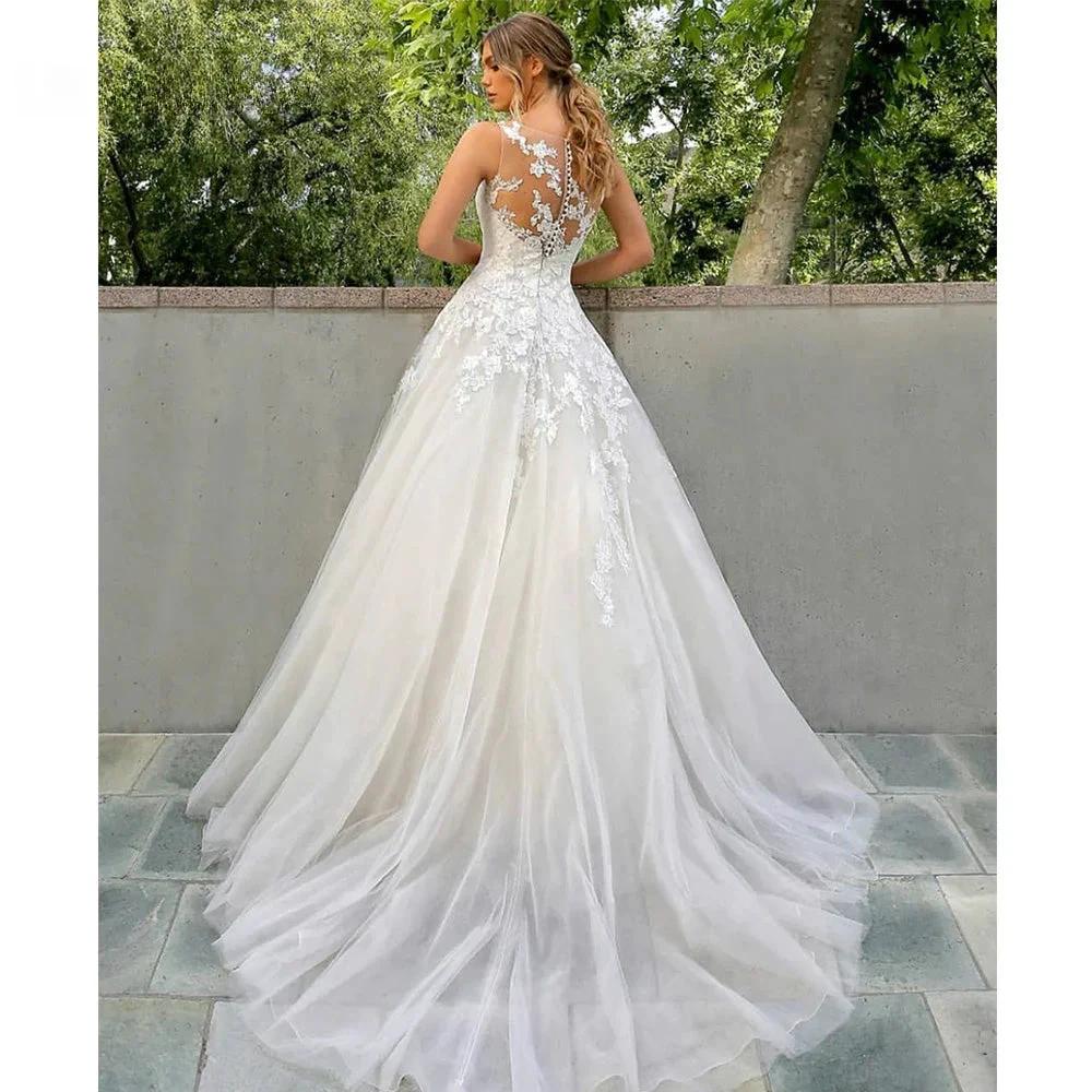 Elegant Wedding Dress A-Line O-Neck Tank Lace Appliques Illusion Button Tulle Bride Gown Robe Customized - Image 2