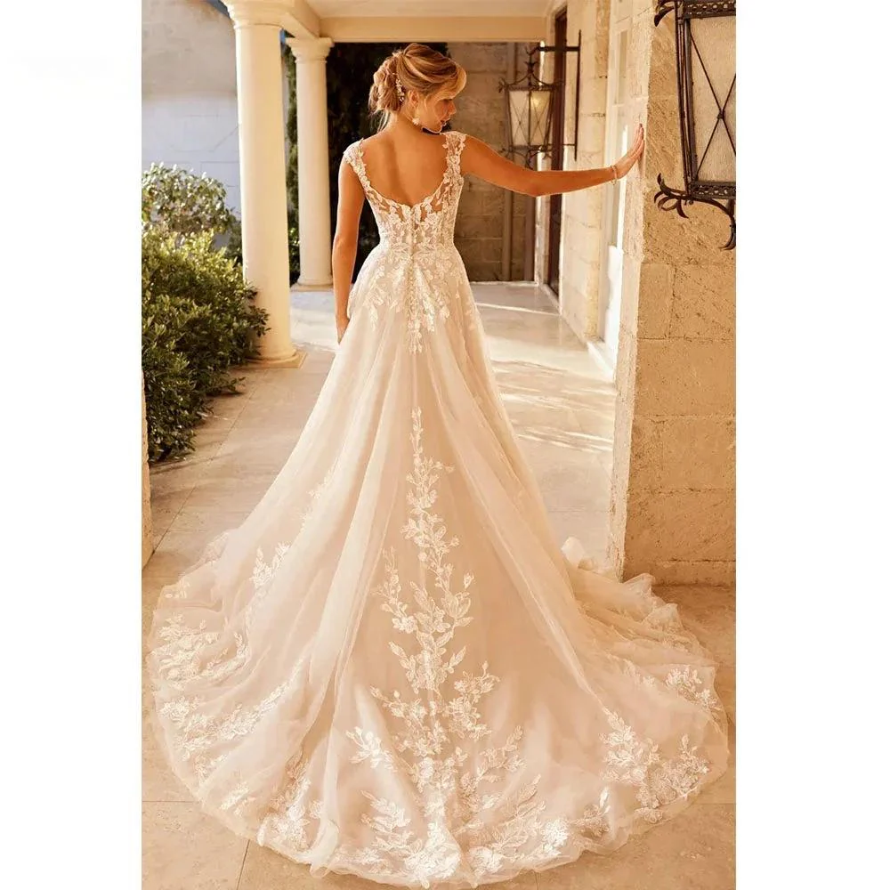 Elegant Wedding Dress For Women V-Neck Cap Sleeve Lace Appliques Vestido De Noiva With Button Sweep Train Custom Made - Image 2