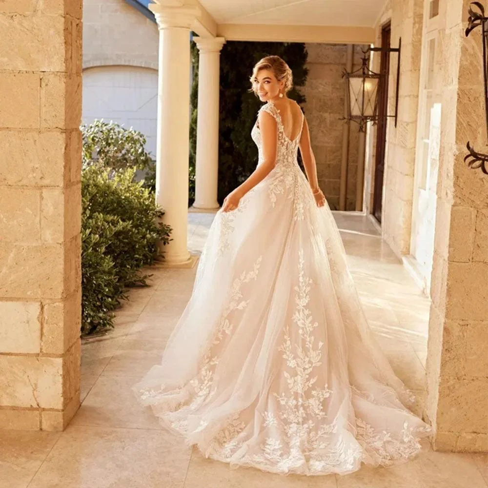 Elegant Wedding Dress For Women V-Neck Cap Sleeve Lace Appliques Vestido De Noiva With Button Sweep Train Custom Made - Image 3