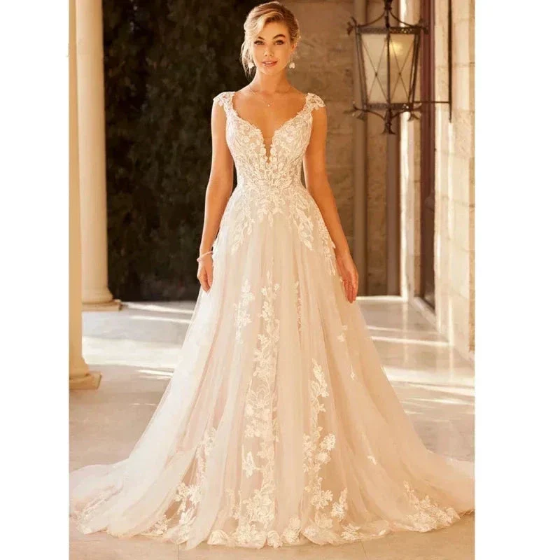 Elegant Wedding Dress For Women V-Neck Cap Sleeve Lace Appliques Vestidos De Novia With Button Sweep Train - Image 2