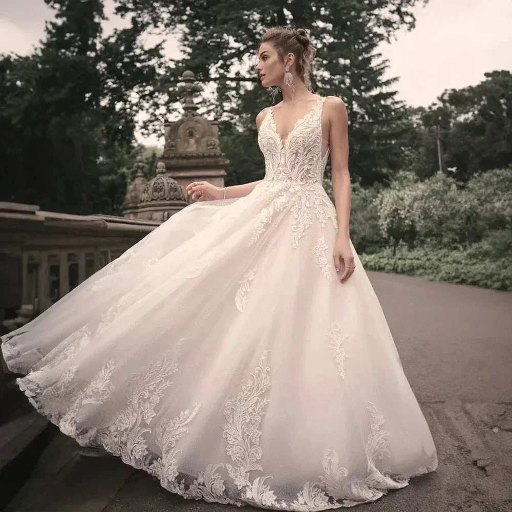 Elegant Wedding Dresses For Woman Popular Summer A-line V-Neck Sleeveless Appliques Open Back Vestidos De Novia - Image 2