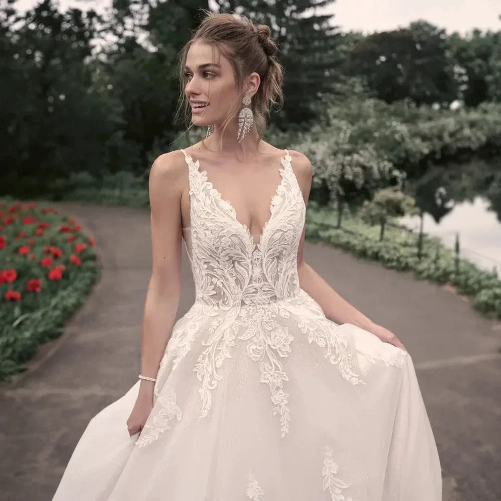 Elegant Wedding Dresses For Woman Popular Summer A-line V-Neck Sleeveless Appliques Open Back Vestidos De Novia - Image 5