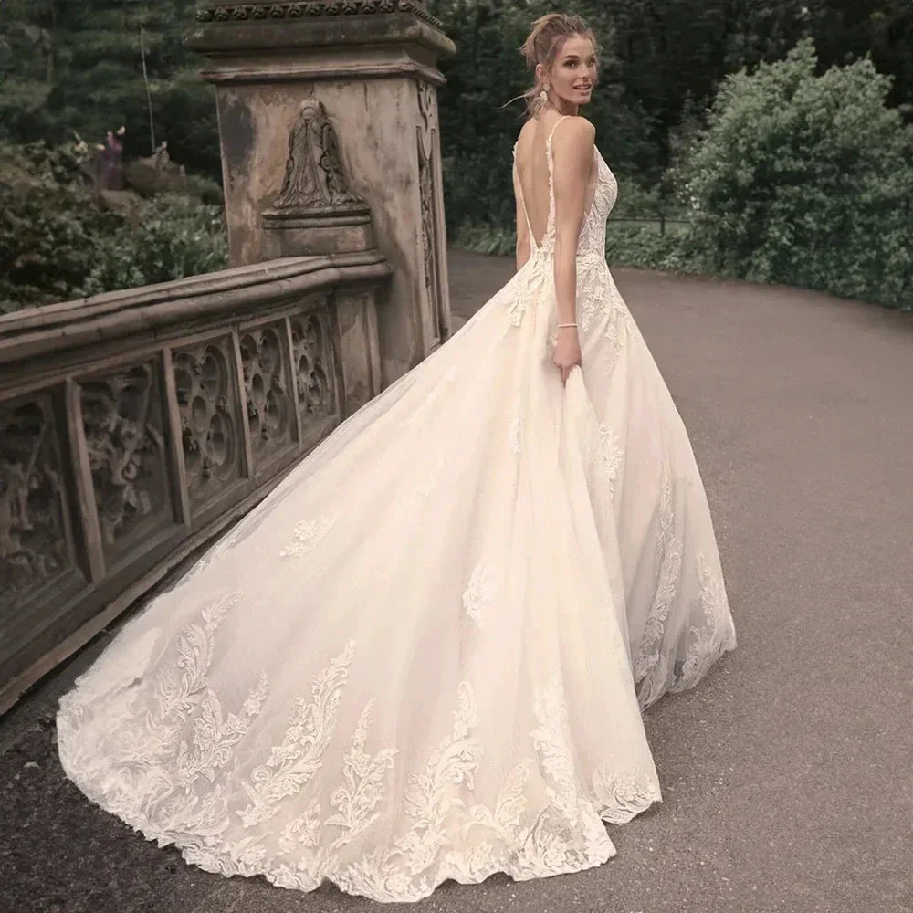 Elegant Wedding Dresses For Woman Popular Summer A-line V-Neck Sleeveless Appliques Open Back Vestidos De Novia - Image 6