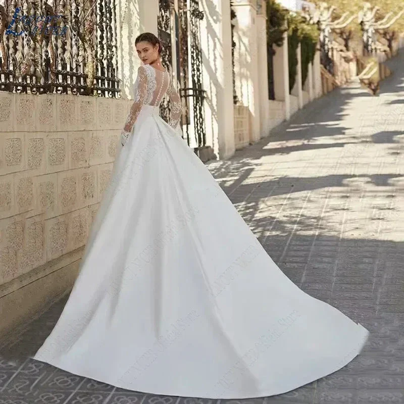 Elegant Wedding Dresses For Woman Vestidos De Novia V Neck Lace Long Sleeves Satin Bridal Gown Illusion Back Bride - Image 2