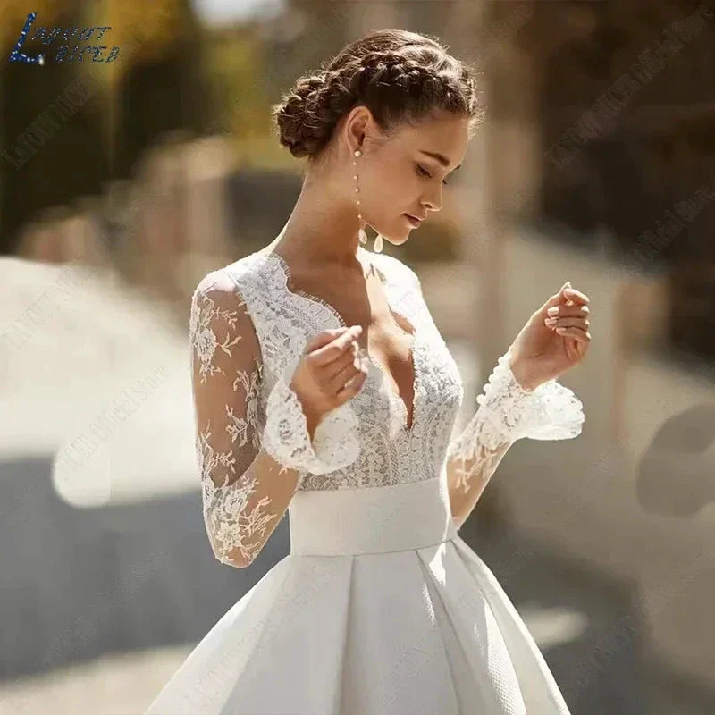 Elegant Wedding Dresses For Woman Vestidos De Novia V Neck Lace Long Sleeves Satin Bridal Gown Illusion Back Bride - Image 3