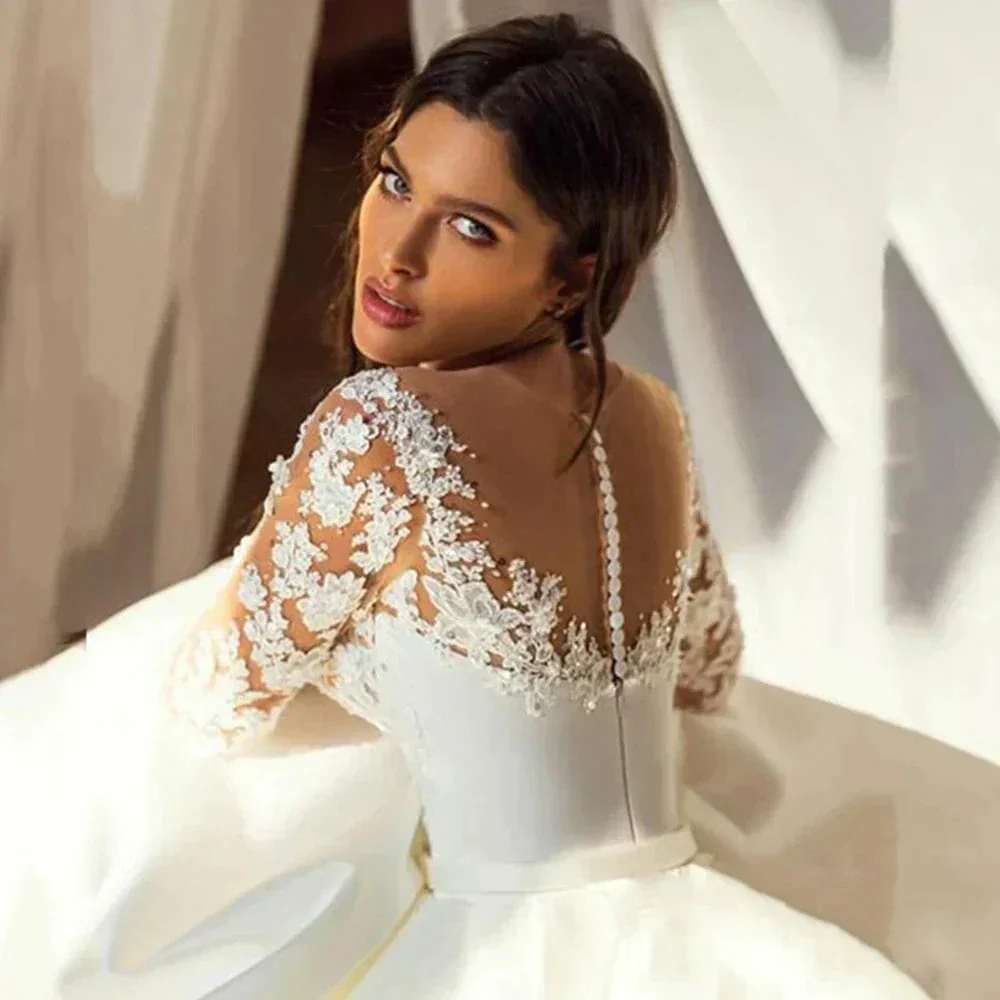 Elegant Wedding Dresses Long Sleeves For Women Princess A Line Bridal Gowns Custom Made Lace Appliques Satin Robe De Mariee - Image 2