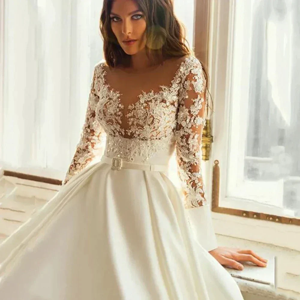 Elegant Wedding Dresses Long Sleeves For Women Princess A Line Bridal Gowns Custom Made Lace Appliques Satin Robe De Mariee - Image 3